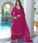 Magenta embroidered modal satin stitched straight cut kurta culottes dupatta readymade suits