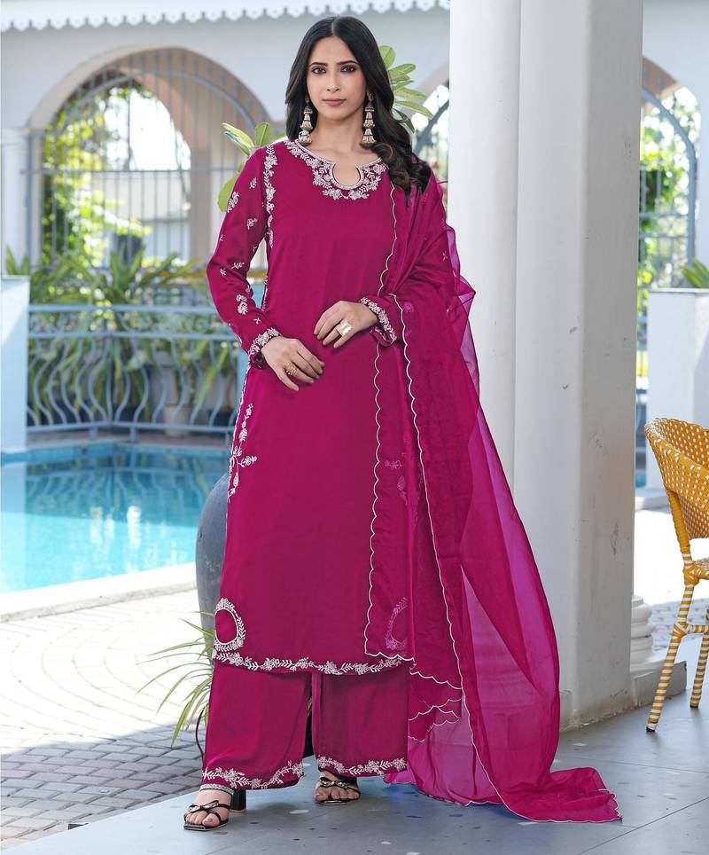 Magenta embroidered modal satin stitched straight cut kurta culottes dupatta readymade suits