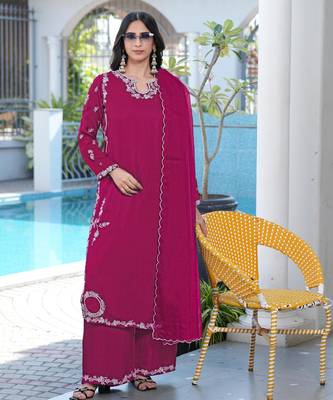 Magenta embroidered modal satin stitched straight cut kurta culottes dupatta readymade suits 2