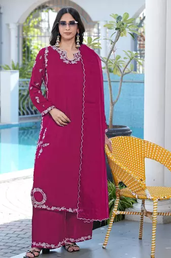 Magenta embroidered modal satin stitched straight cut kurta culottes dupatta readymade suits
