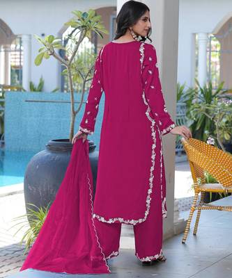 Magenta embroidered modal satin stitched straight cut kurta culottes dupatta readymade suits 3