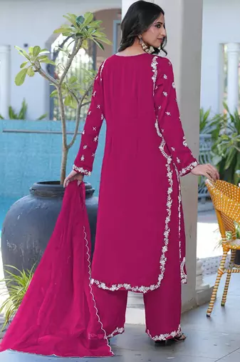 Magenta embroidered modal satin stitched straight cut kurta culottes dupatta readymade suits