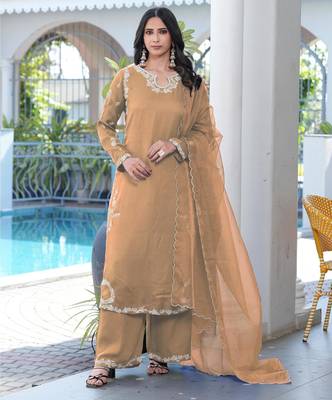 Light-brown embroidered modal satin stitched straight cut kurta culottes dupatta readymade suits 1