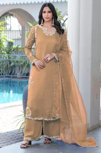 Light-brown embroidered modal satin stitched straight cut kurta culottes dupatta readymade suits