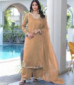 Light-brown embroidered modal satin stitched straight cut kurta culottes dupatta readymade suits