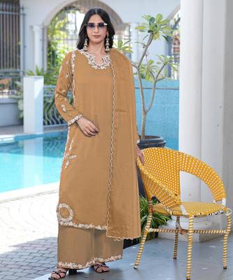 Light-brown embroidered modal satin stitched straight cut kurta culottes dupatta readymade suits 2