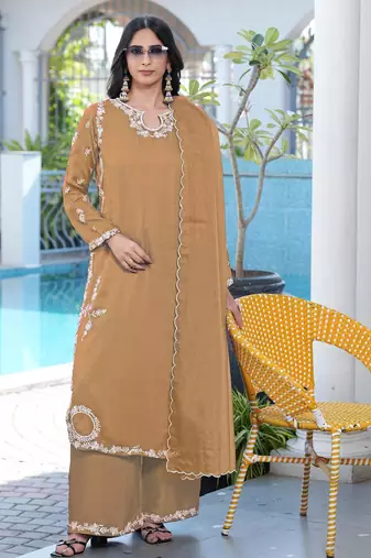 Light-brown embroidered modal satin stitched straight cut kurta culottes dupatta readymade suits