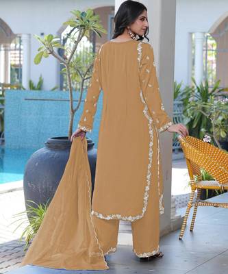 Light-brown embroidered modal satin stitched straight cut kurta culottes dupatta readymade suits 3