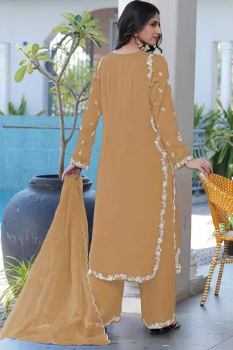 Light-brown embroidered modal satin stitched straight cut kurta culottes dupatta readymade suits