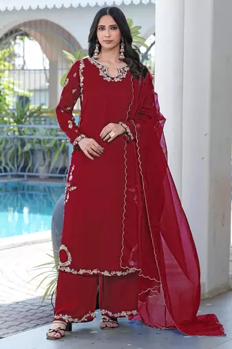 Maroon embroidered modal satin stitched straight cut kurta culottes dupatta readymade suits