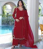 Maroon embroidered modal satin stitched straight cut kurta culottes dupatta readymade suits