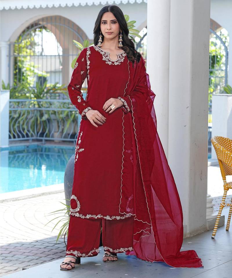 Maroon embroidered modal satin stitched straight cut kurta culottes dupatta readymade suits