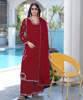 Maroon embroidered modal satin stitched straight cut kurta culottes dupatta readymade suits 2