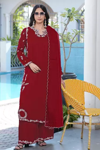 Maroon embroidered modal satin stitched straight cut kurta culottes dupatta readymade suits