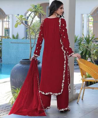 Maroon embroidered modal satin stitched straight cut kurta culottes dupatta readymade suits 3