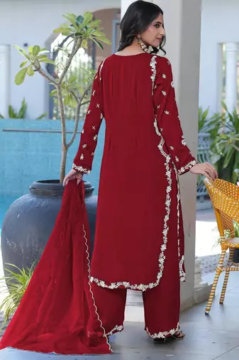 Maroon embroidered modal satin stitched straight cut kurta culottes dupatta readymade suits
