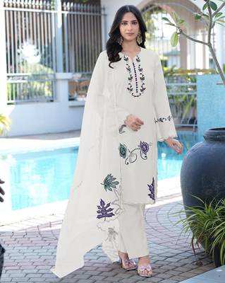 Cream embroidered art silk stitched straight cut kurta pants dupatta readymade suits 1