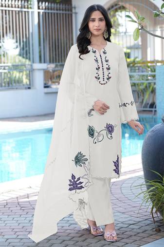 Cream embroidered art silk stitched straight cut kurta pants dupatta readymade suits