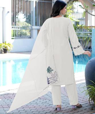 Cream embroidered art silk stitched straight cut kurta pants dupatta readymade suits 2