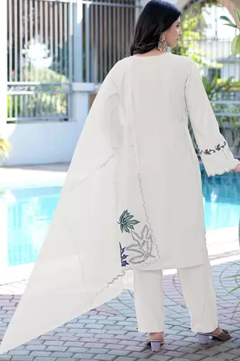 Cream embroidered art silk stitched straight cut kurta pants dupatta readymade suits