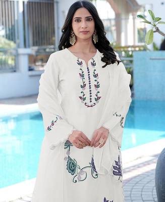 Cream embroidered art silk stitched straight cut kurta pants dupatta readymade suits 3