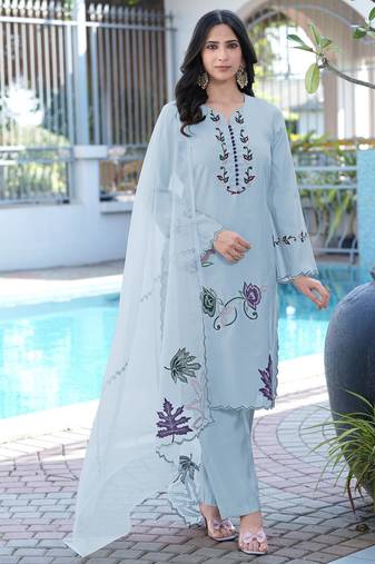 Light-blue embroidered art silk stitched straight cut kurta pants dupatta readymade suits
