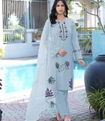 Light-blue embroidered art silk stitched straight cut kurta pants dupatta readymade suits