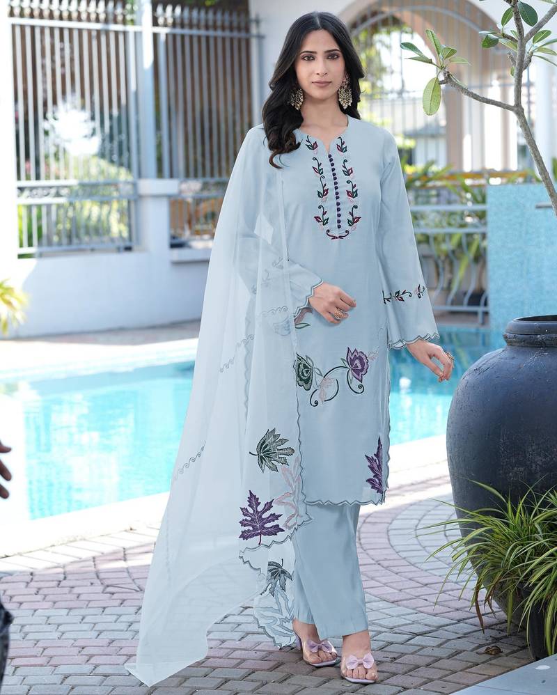Light-blue embroidered art silk stitched straight cut kurta pants dupatta readymade suits