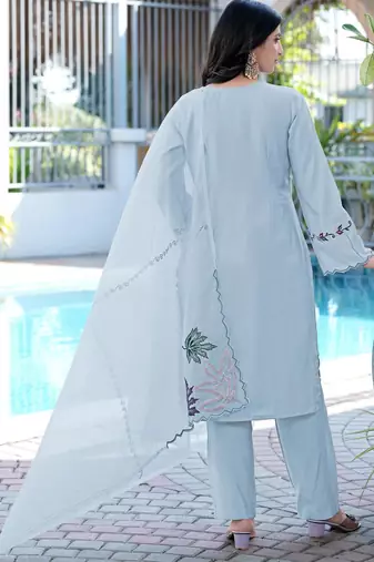 Light-blue embroidered art silk stitched straight cut kurta pants dupatta readymade suits