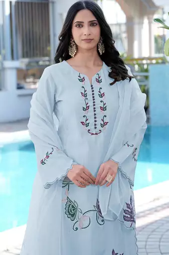 Light-blue embroidered art silk stitched straight cut kurta pants dupatta readymade suits