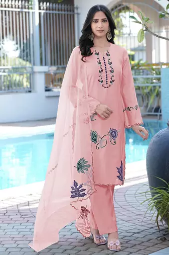Light-pink embroidered art silk stitched straight cut kurta pants dupatta readymade suits
