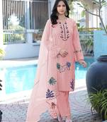 Light-pink embroidered art silk stitched straight cut kurta pants dupatta readymade suits