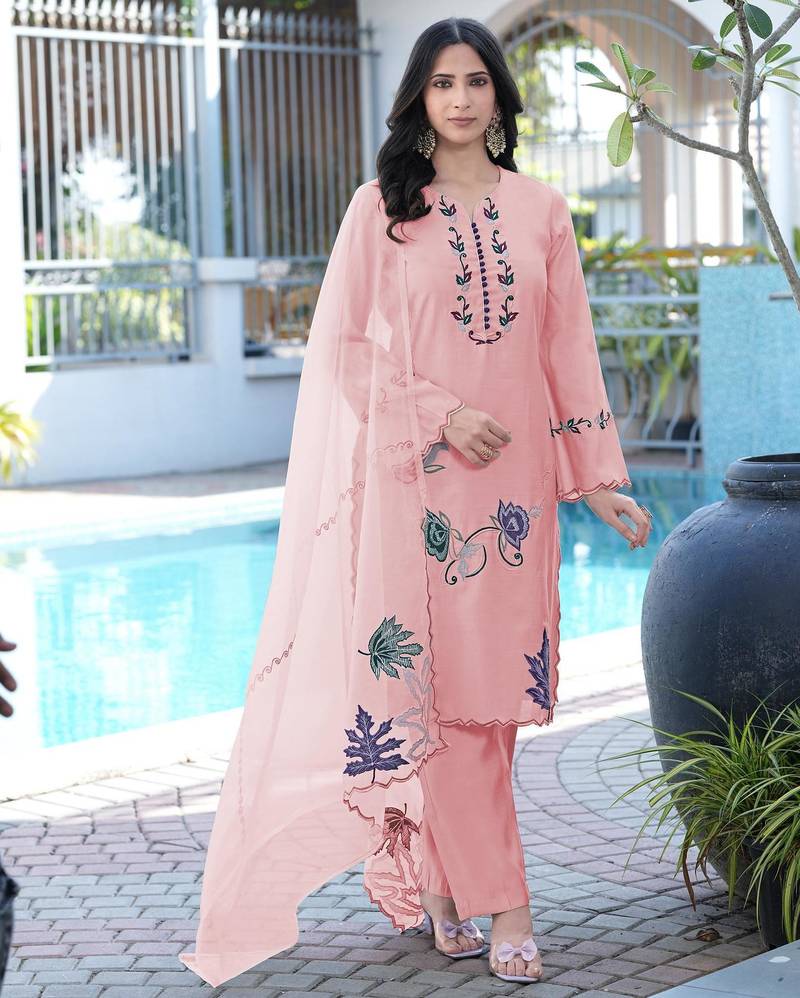 Light-pink embroidered art silk stitched straight cut kurta pants dupatta readymade suits