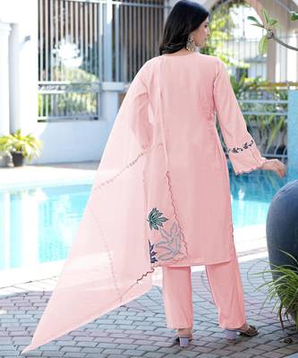 Light-pink embroidered art silk stitched straight cut kurta pants dupatta readymade suits 2