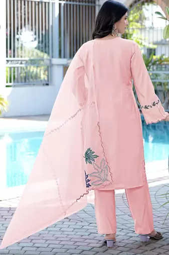 Light-pink embroidered art silk stitched straight cut kurta pants dupatta readymade suits