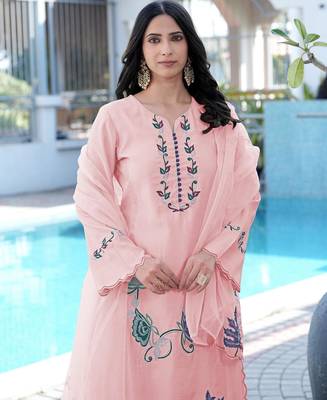 Light-pink embroidered art silk stitched straight cut kurta pants dupatta readymade suits 3
