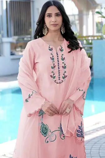 Light-pink embroidered art silk stitched straight cut kurta pants dupatta readymade suits