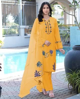 Yellow embroidered art silk stitched straight cut kurta pants dupatta readymade suits 1