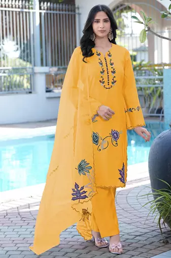 Yellow embroidered art silk stitched straight cut kurta pants dupatta readymade suits
