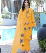 Yellow embroidered art silk stitched straight cut kurta pants dupatta readymade suits