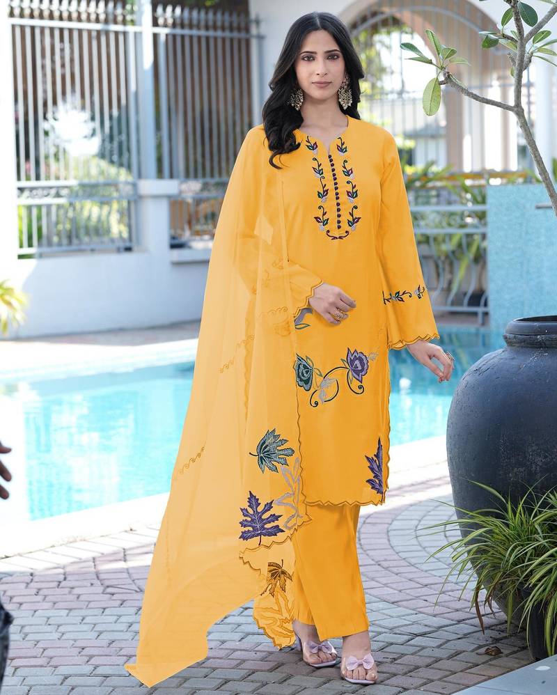 Yellow embroidered art silk stitched straight cut kurta pants dupatta readymade suits