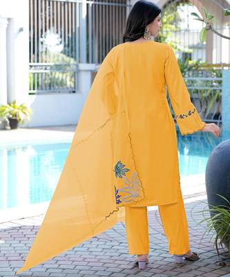 Yellow embroidered art silk stitched straight cut kurta pants dupatta readymade suits 2