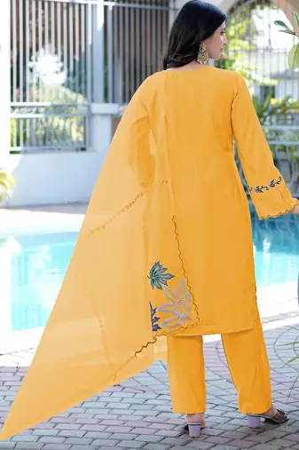 Yellow embroidered art silk stitched straight cut kurta pants dupatta readymade suits