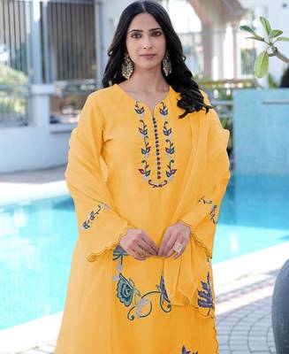 Yellow embroidered art silk stitched straight cut kurta pants dupatta readymade suits 3