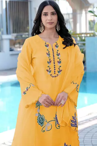 Yellow embroidered art silk stitched straight cut kurta pants dupatta readymade suits