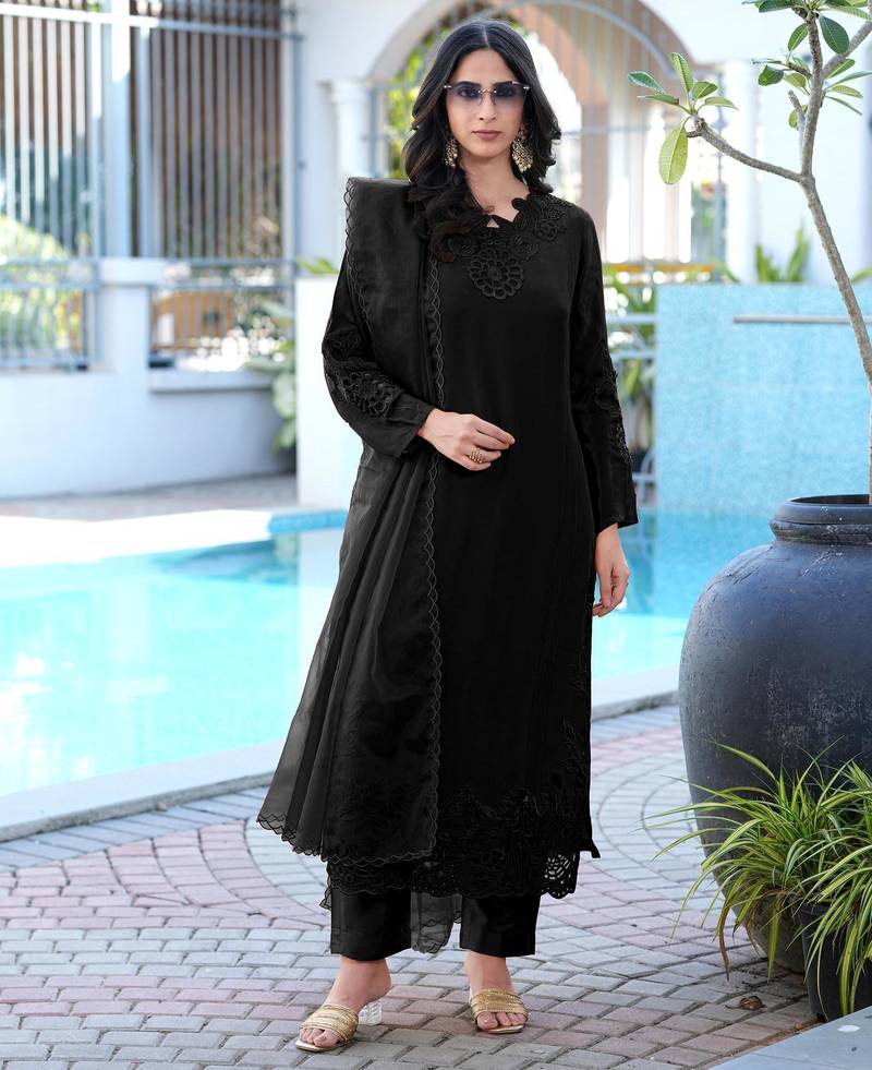 Black embroidered art silk stitched straight cut kurta pants dupatta readymade suits