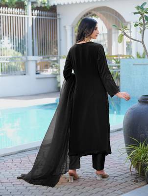 Black embroidered art silk stitched straight cut kurta pants dupatta readymade suits 2
