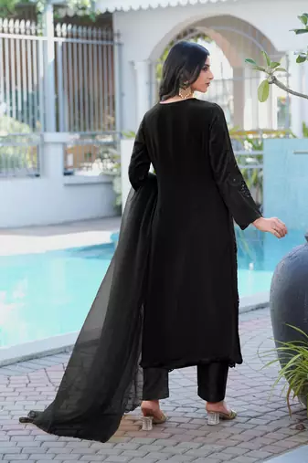 Black embroidered art silk stitched straight cut kurta pants dupatta readymade suits