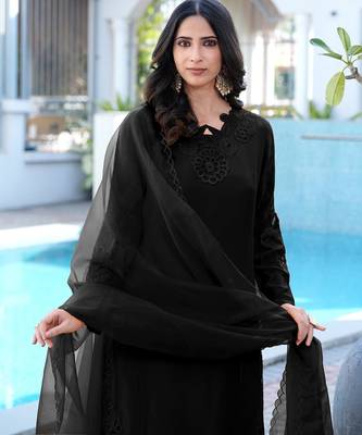 Black embroidered art silk stitched straight cut kurta pants dupatta readymade suits 3