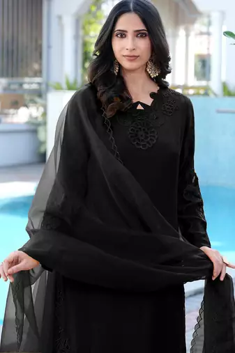 Black embroidered art silk stitched straight cut kurta pants dupatta readymade suits
